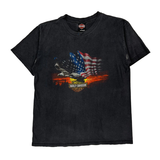 American Flag And Eagle Graphic Harley Davidson Graphic T-Shirt - Large Black Cotton