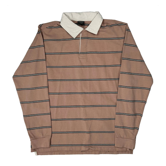 Vintage Cotton On Striped Rugby Shirt - Medium Brown Cotton