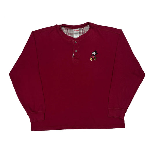 Mickey Mouse Embroidery Disney Cartoon Long Sleeve T-Shirt - XL Red Cotton