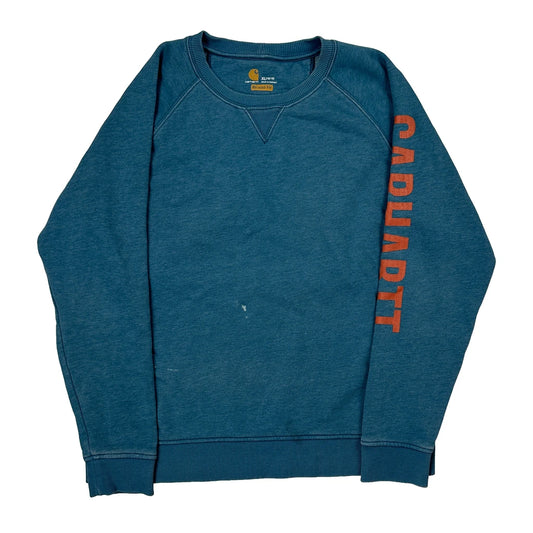 Vintage Relaxed Fit Carhartt Spellout Sweatshirt - XL Blue Cotton