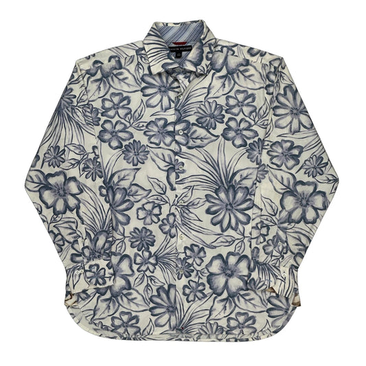 Tommy Hilfiger Floral Hawaiian Shirt - Large Blue Cotton
