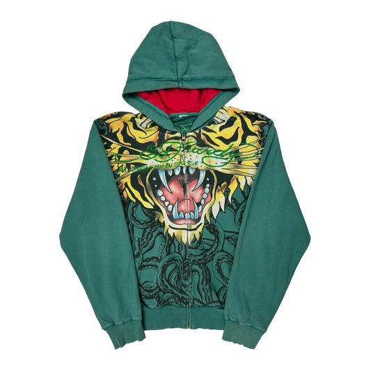Tiger Print Ed Hardy Graphic Hoodie - XL Green Cotton