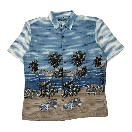 Campia Graphic Hawaiian Shirt - Large Blue Viscose