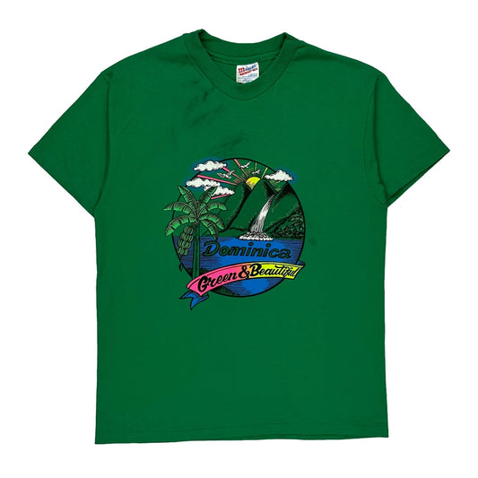 Single Stitch Dominica Hanes Graphic T-Shirt - Large Green Cotton Blend
