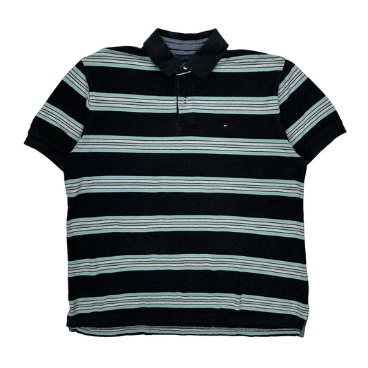 Vintage Tommy Hilfiger Striped Polo Shirt - Large Black Cotton
