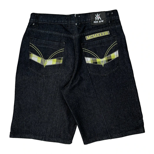Plaid Pocket Detail Red Ape Denim Shorts - 34W 12L Dark Wash Denim