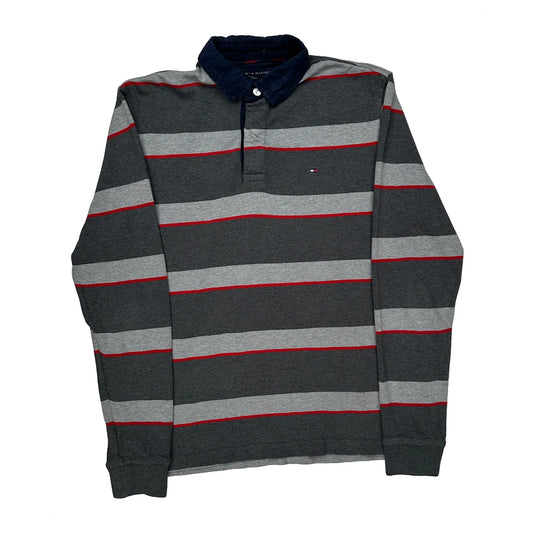 Vintage Tommy Hilfiger Striped Long Sleeve Polo Shirt - Medium Grey Cotton