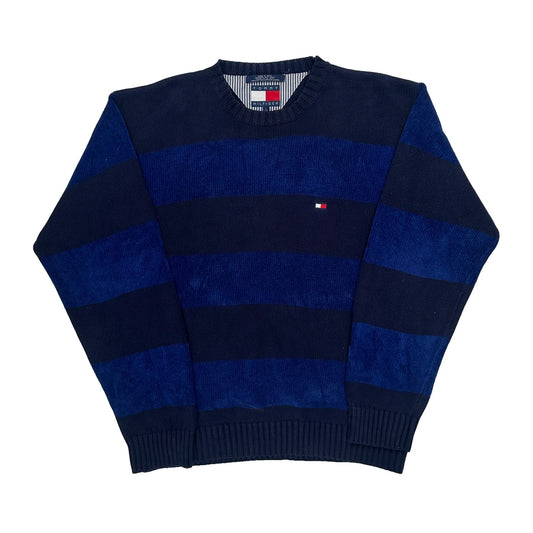 Vintage Chunky Knit Tommy Hilfiger Striped Jumper - Large Blue Cotton