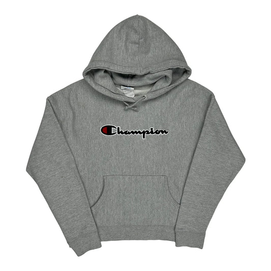 Vintage Reverse Weave Champion Spellout Hoodie - Large Grey Cotton Blend