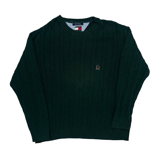 Vintage Tommy Hilfiger Chunky Cable Knit Jumper - XL Green Cotton