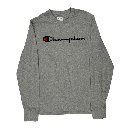 Champion Spellout Long Sleeve T-Shirt - Small Grey Cotton