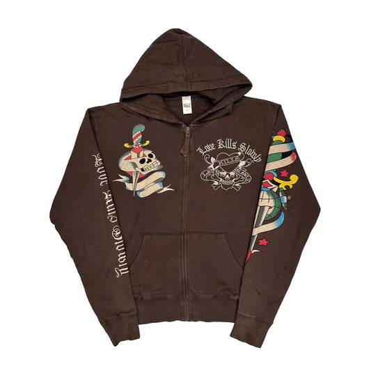 Vintage Love Kills Slowly Ed Hardy Graphic Hoodie - Medium Brown Cotton