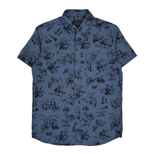 Vintage Western Theme Pendleton Short Sleeve Shirt - Small Blue Cotton