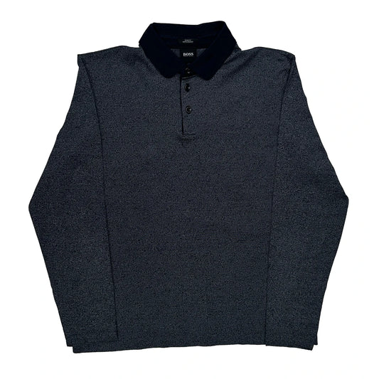 Vintage Boss Slim Fit Long Sleeve Polo Shirt - Small Grey Cotton
