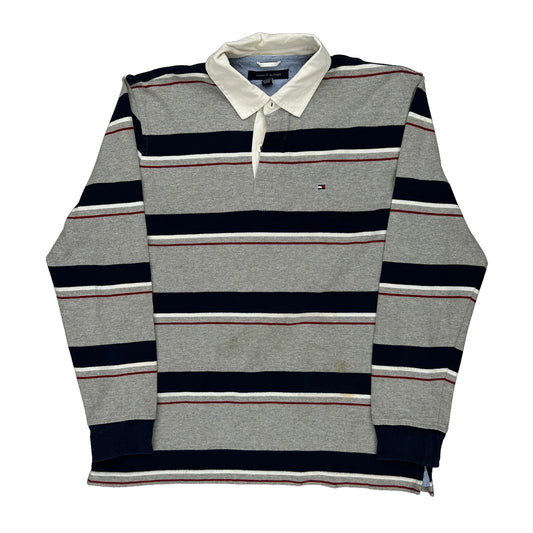 Tommy Hilfiger Striped Rugby Shirt - Large Grey Cotton