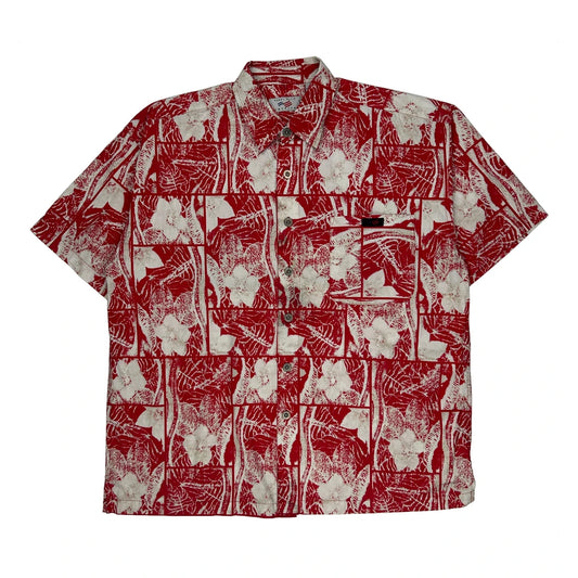 Perry Ellis Floral Hawaiian Shirt - Large Red Cotton