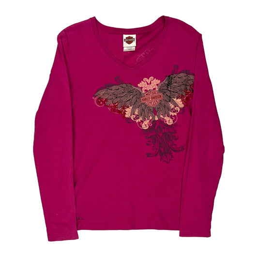 Harley Davidson Graphic Long Sleeve T-Shirt - Large Pink Cotton