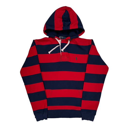 Polo By Ralph Lauren Striped Hooded Rugby Top Hoodie - Large Navy Acrylic