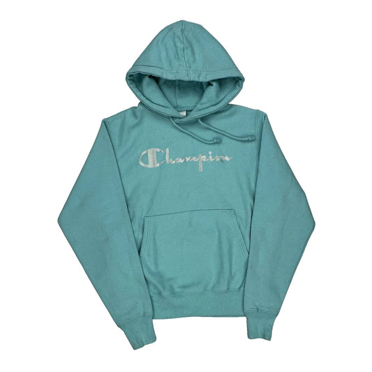 Reverse Weave Champion Spellout Hoodie - Small Blue Cotton