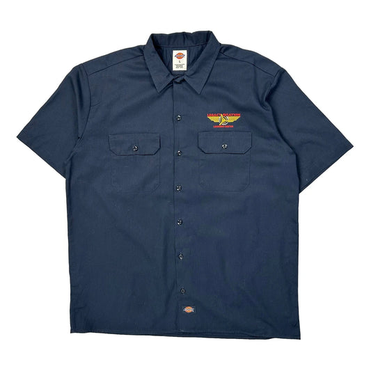 Vintage Legacy Aviation Dickies Graphic Short Sleeve Shirt - Large Navy Polyester Blend