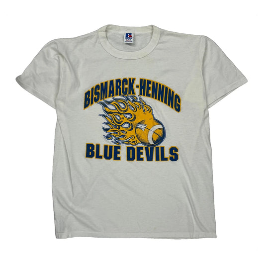 Made In USA , Bismarck-Henning Blue Devils Russell Athletic Graphic T-Shirt - Medium Blue Cotton