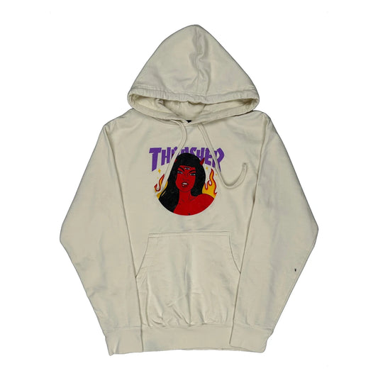 Vintage Flame Girl Thrasher Graphic Hoodie - XS Cream Cotton