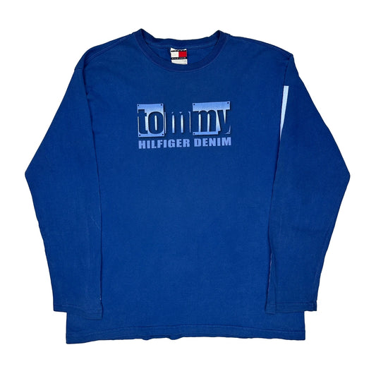 Tommy Hilfiger Denim Spellout Long Sleeve T-Shirt - Large Blue Cotton