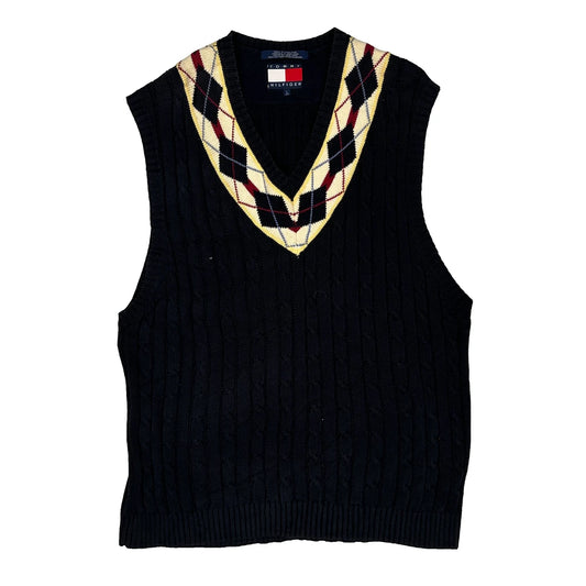 Vintage Tommy Hilfiger Argyle Sweater Vest - Large Black Cotton