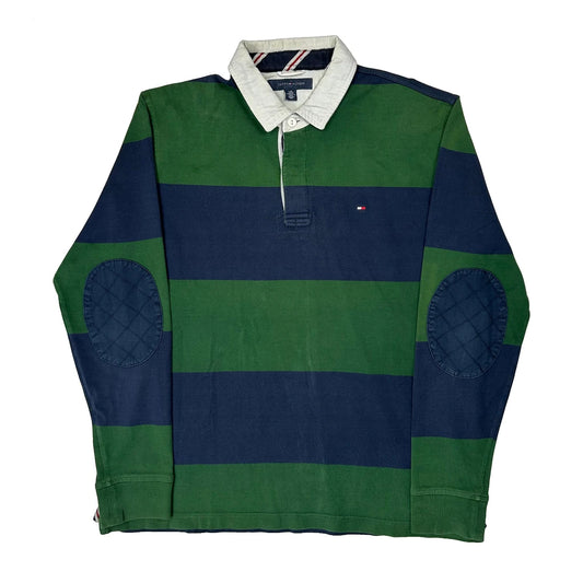 Vintage Tommy Hilfiger Striped Rugby Shirt - Large Blue Cotton