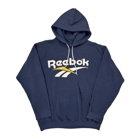 Vintage Reebok Spellout Hoodie - Large Navy Cotton