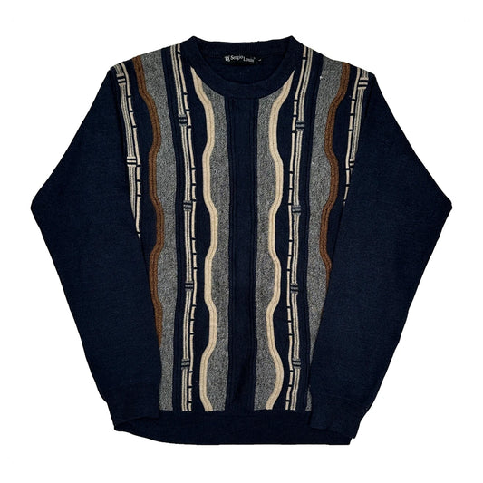 90S Sergio Louis Striped Jumper - Large Navy Acrylic