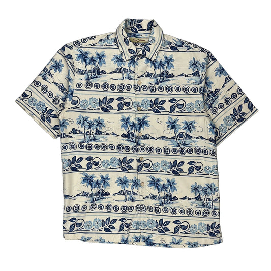 Tommy Bahama Floral Hawaiian Shirt - Medium Blue Silk