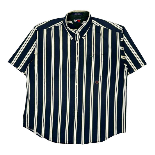 Vintage Tommy Hilfiger Striped Short Sleeve Shirt - XL Navy Cotton