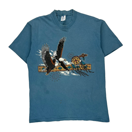 Eagle Print Belton Single Stitch T-Shirt - Large Blue Cotton