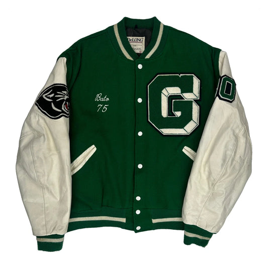 1990 Made In USA Greendale Panthers Delong College Varsity Jacket - XL Green Wool Blend