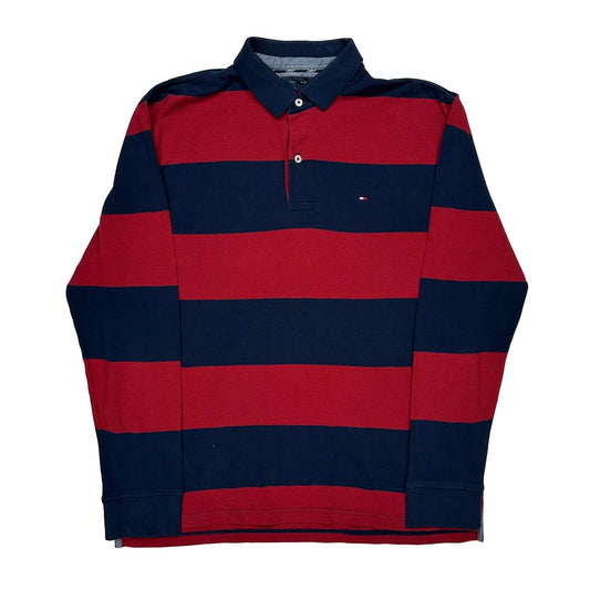 Vintage Tommy Hilfiger Striped Long Sleeve Polo Shirt - Large Navy Cotton