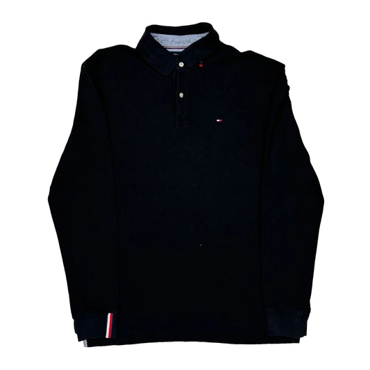 Vintage Tommy Hilfiger Long Sleeve Polo Shirt - Large Black Cotton