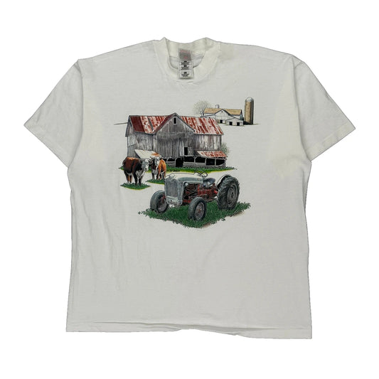 Farm Scene Fruit Of The Loom Graphic T-Shirt - XL White Cotton