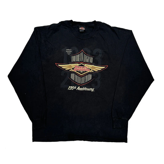 Vintage 120Th Anniversary Harley Davidson Graphic Long Sleeve T-Shirt - 2XL Black Cotton