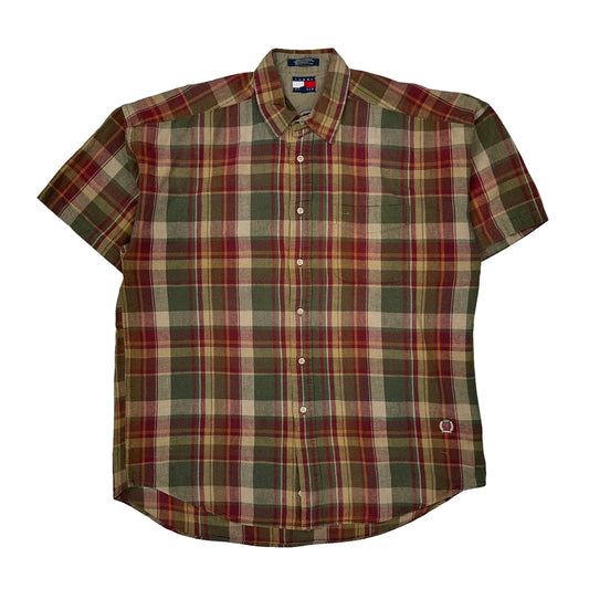 Tommy Hilfiger Checked Short Sleeve Shirt - Medium Multicoloured Linen Blend