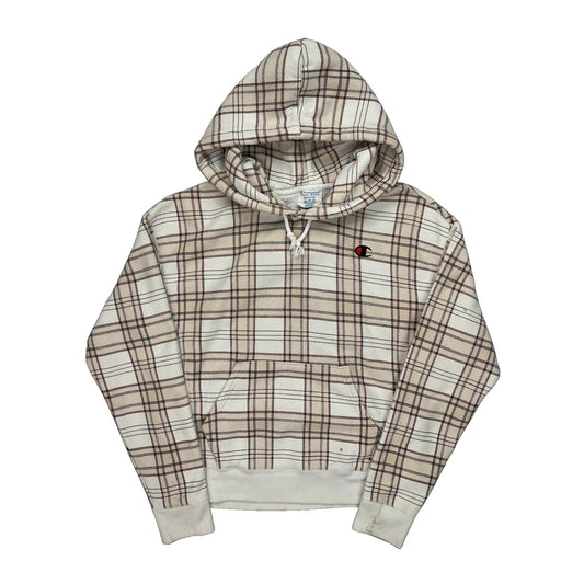 Reverse Weave Champion Checked Hoodie - Medium Brown Cotton Blend