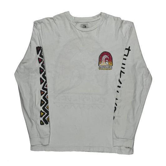 Vintage Surfing Quiksilver Graphic Long Sleeve T-Shirt - Large White Cotton