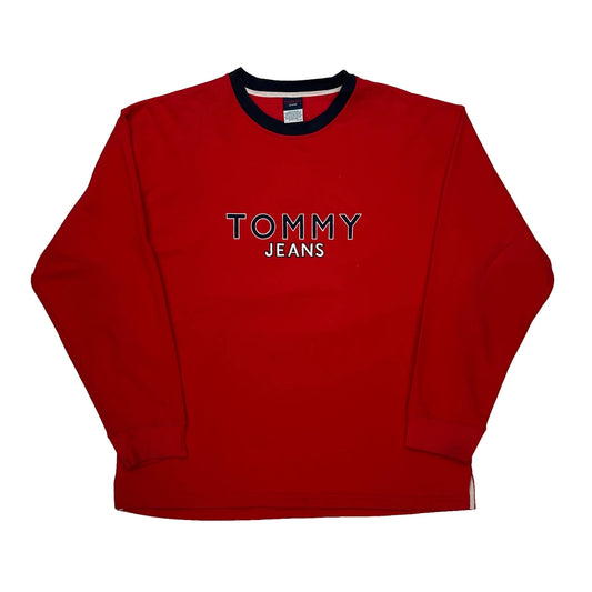 Vintage Tommy Jeans Spellout Sweatshirt - XL Red Cotton