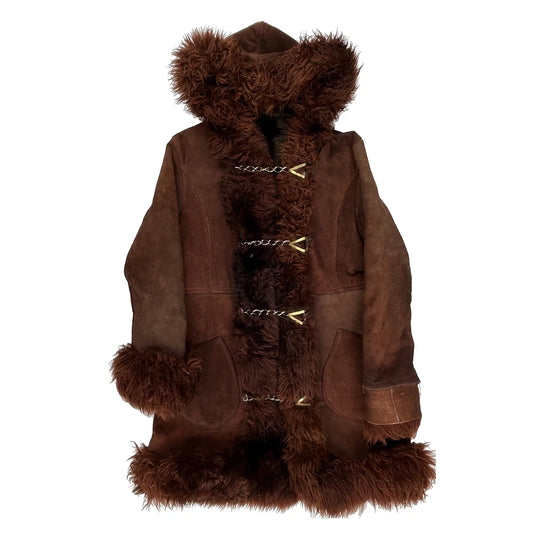 Vintage Unbranded Hooded Clasp Afghan Coat - XS Brown Suede