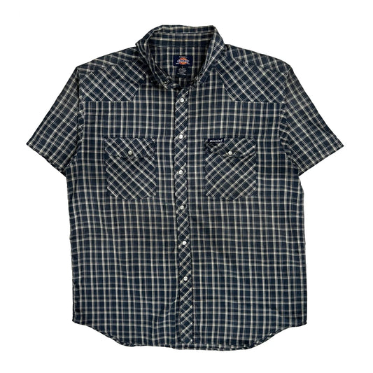 Dickies Checked Short Sleeve Shirt - Large Blue Cotton Blend