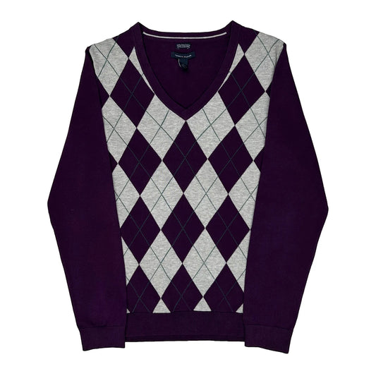 Tommy Hilfiger Argyle Jumper - Large Purple Cotton