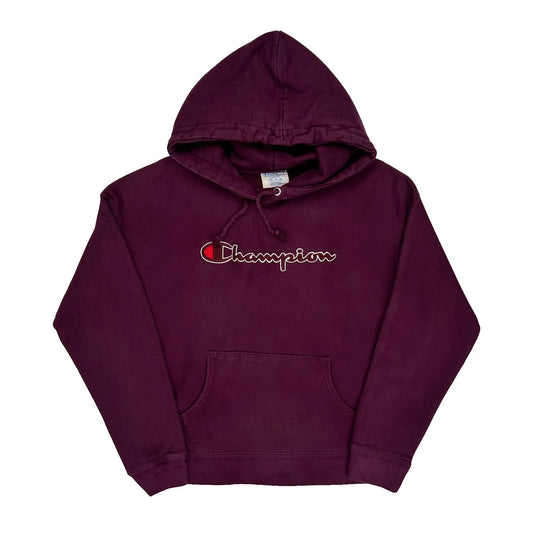 Vintage Reverse Weave Champion Spellout Hoodie - Large Burgundy Cotton