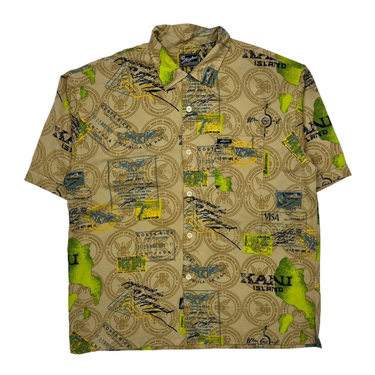 Vintage Travel Stamps Print Karl Kani Graphic Hawaiian Shirt - XL Beige Cotton