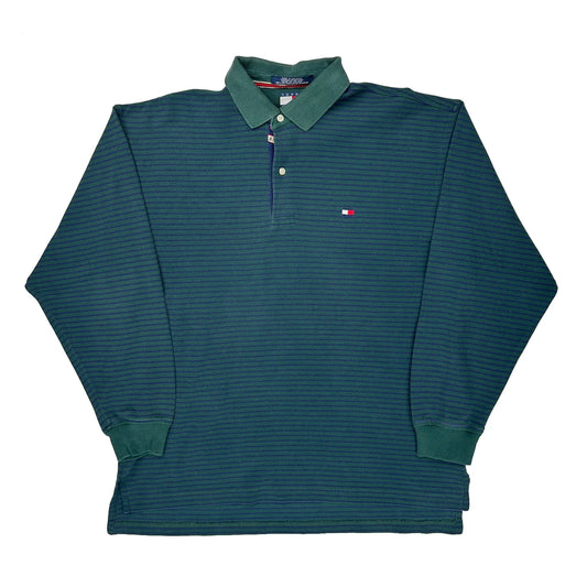 Tommy Hilfiger Striped Long Sleeve Polo Shirt - Large Green Cotton