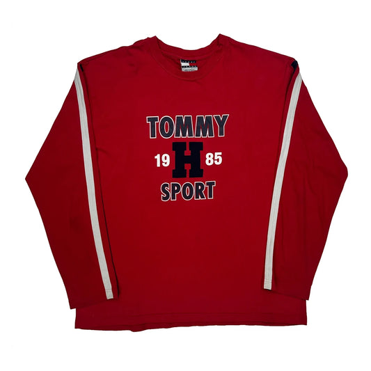 Vintage Sporty Design Tommy Jeans Graphic Long Sleeve T-Shirt - XL Red Cotton Blend